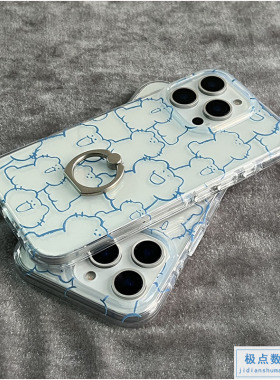 蓝色线条猫咪适用苹果16promax手机壳女款iphone17内置指一体环扣支架15硅胶防摔透明软壳14高级感13可爱超萌