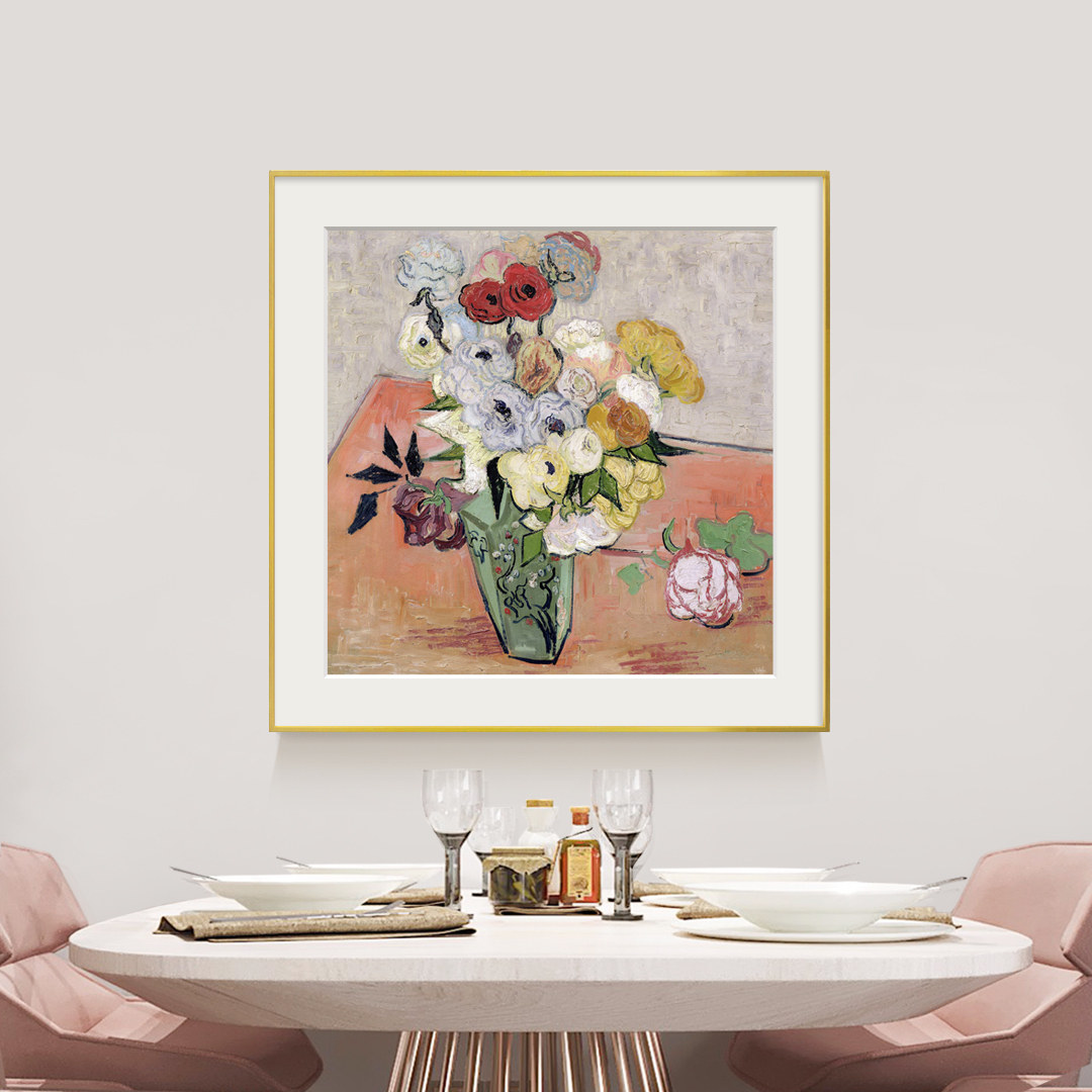 梵高瓶花玫瑰复刻版画法式装饰画北欧客厅餐厅花卉挂画
