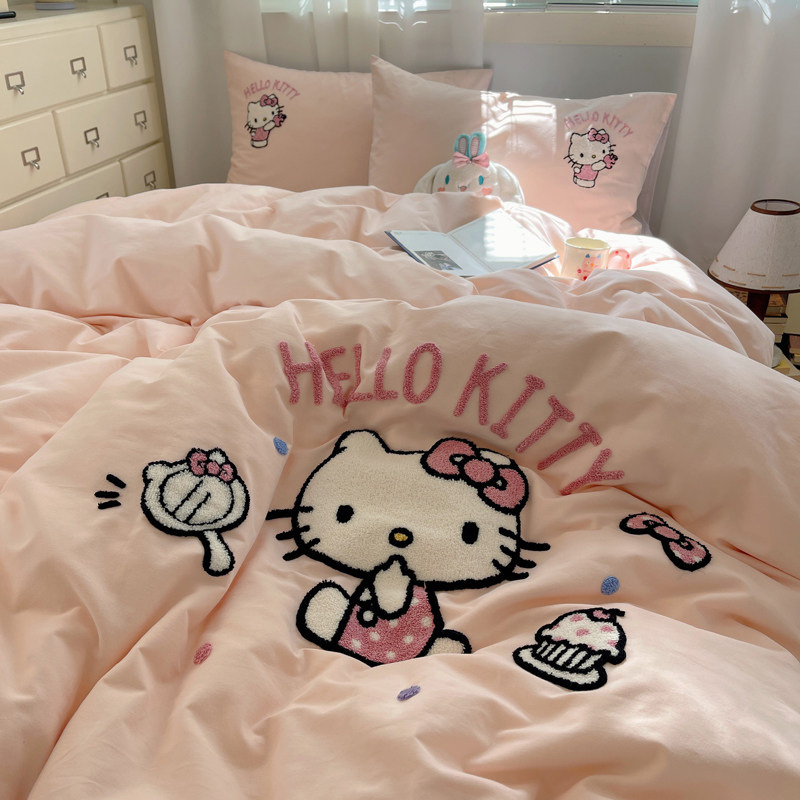 可爱三丽鸥kitty猫绣花全棉磨毛卡通四件套加厚纯棉床单被套床品4