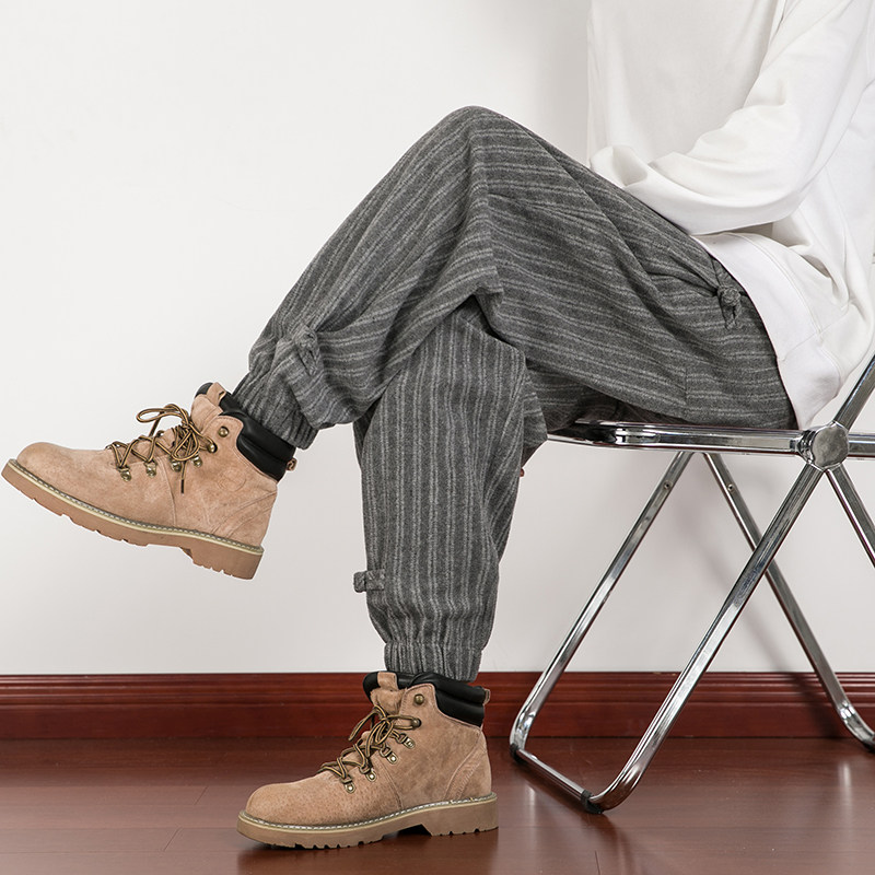 레트로 디스트레스드 모직 남성 바지 가을 겨울 중국 스타일 남성 버클 스트라이프 레깅스 루즈한 대형 하렘 바지