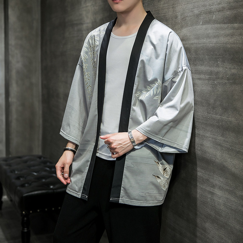 고대 스타일 HANFU 도교 가운 남자 중국 스타일 여름 얼음 실크 태양 보호 코트 대형 느슨한 망토 남자 기모노 가디건