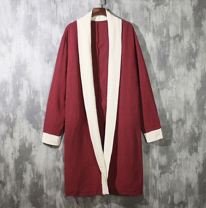 봄과 가을 새로운 리넨 도교 가운 남성용 중간 길이 윈드 브레이커 중국 스타일 남성 의류 느슨한 고대 스타일 HANFU 불교 망토