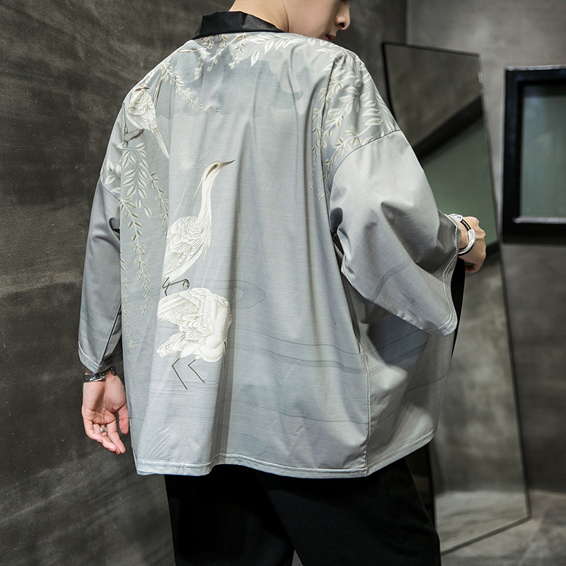 고대 스타일 HANFU 도교 가운 남자 중국 스타일 여름 얼음 실크 태양 보호 코트 대형 느슨한 망토 남자 기모노 가디건