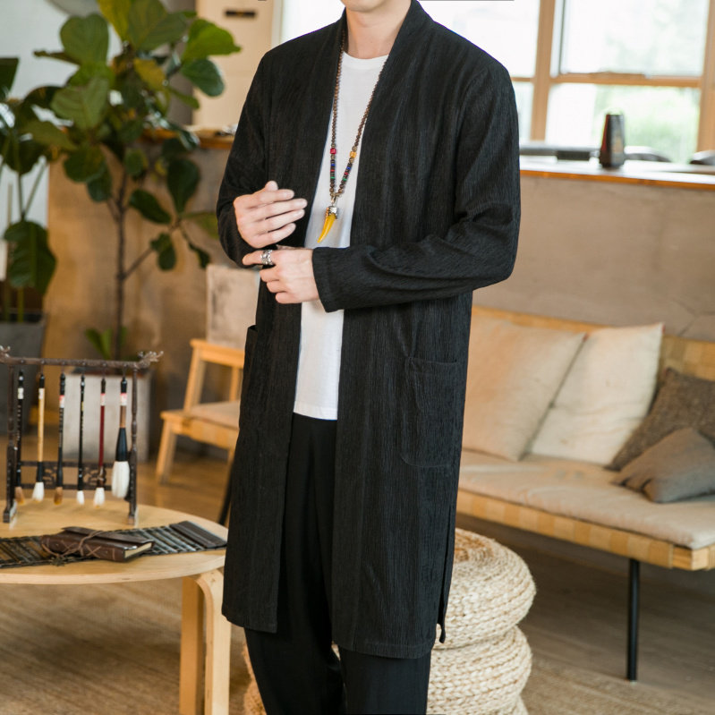 고대 스타일 HANFU 가운 코트 남성 봄 가을 새로운 중국 스타일 남성 린넨 중간 길이 도교 가운 캐주얼 가운