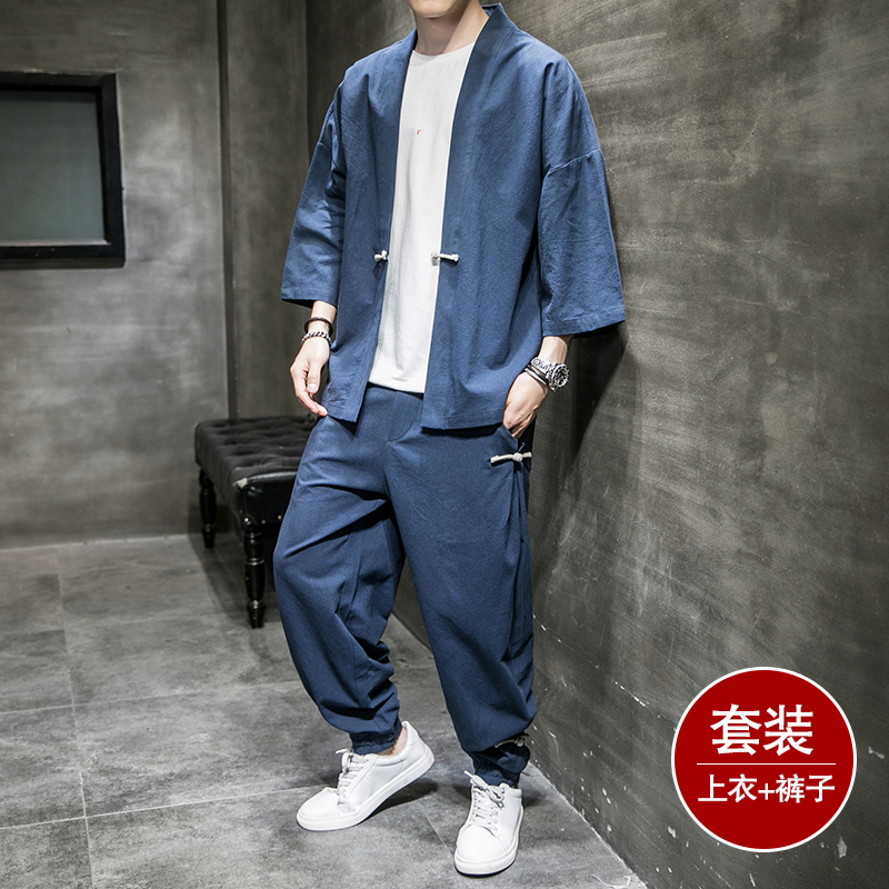 中国风亚麻套装男夏季七分袖道袍汉服宽松防晒衣大码男装唐装开衫