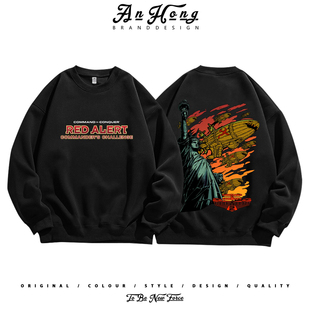 美式复古印花红色警戒游戏印花宽松纯棉圆领卫衣男装潮牌长袖T恤