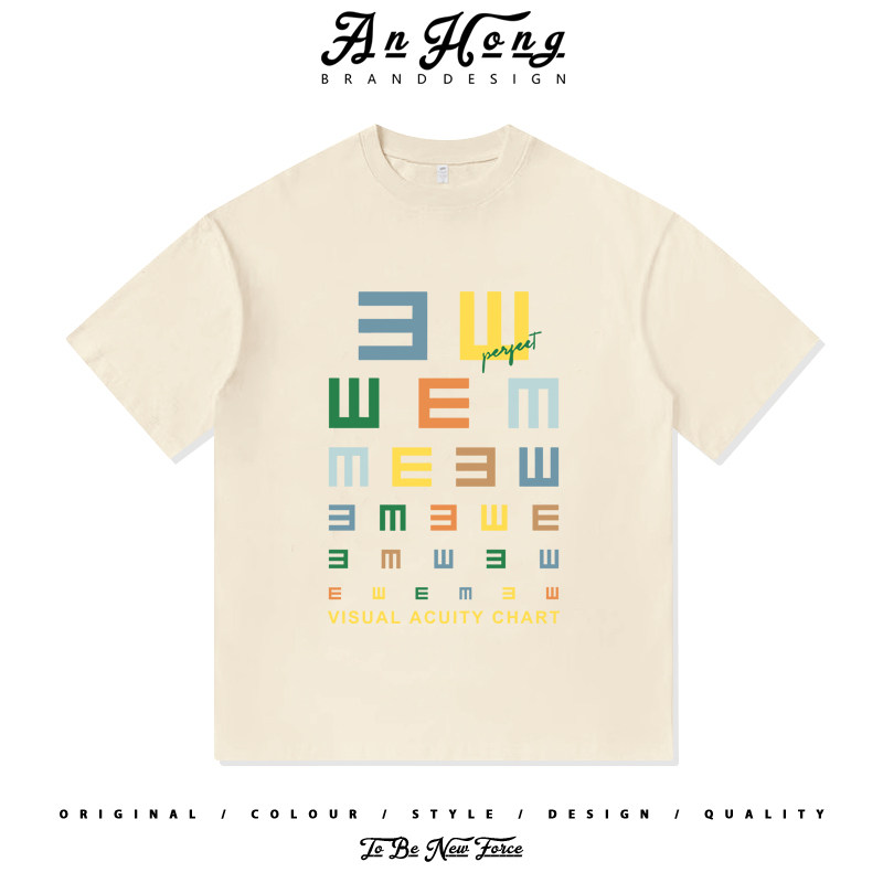 美式趣味视力表复古印花重磅纯棉短袖T恤衫男装百搭宽松休闲上衣