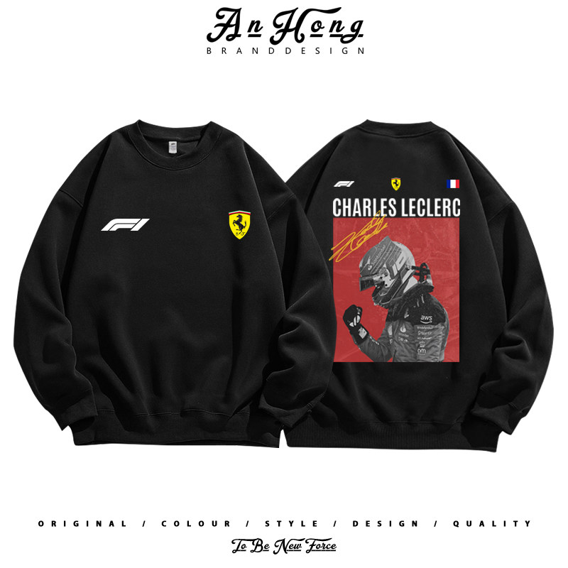法拉利F1车队勒克莱尔美式纯棉圆领卫衣男装高街百搭长袖T恤潮牌
