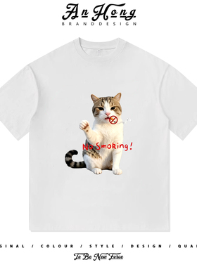 趣味no smoking禁止吸烟猫哈基咪通勤励志美式纯棉短袖T恤衫男装