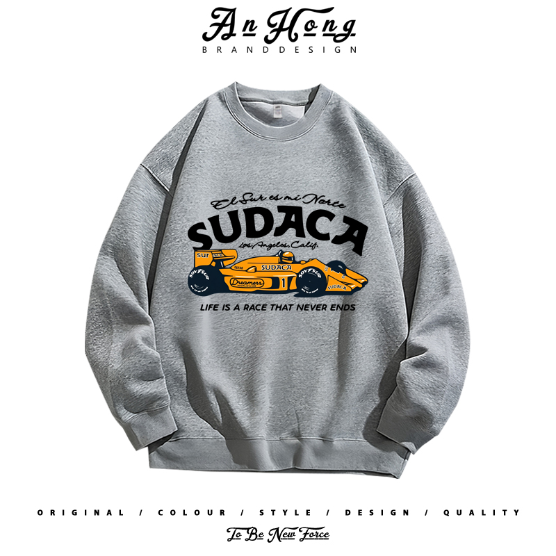 F1方程式小众设计卡漫印花美式纯棉圆领卫衣高街百搭长袖T恤男装