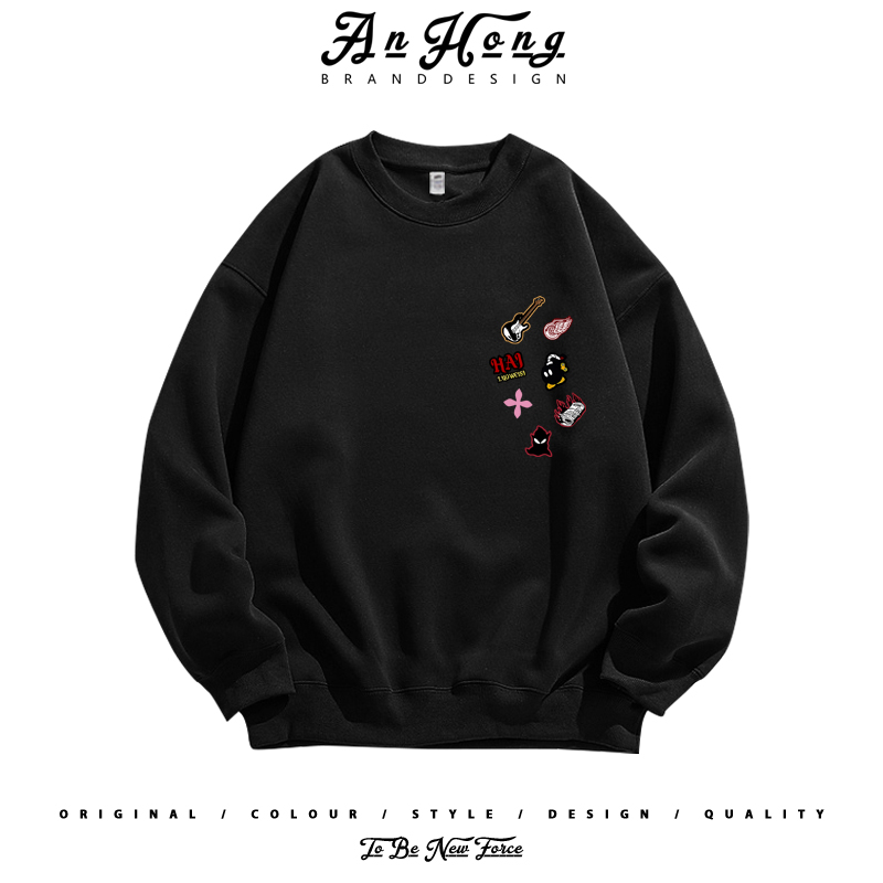 美式高街小众设计感复古印花秋季纯棉圆领卫衣男装休闲长袖T恤衫