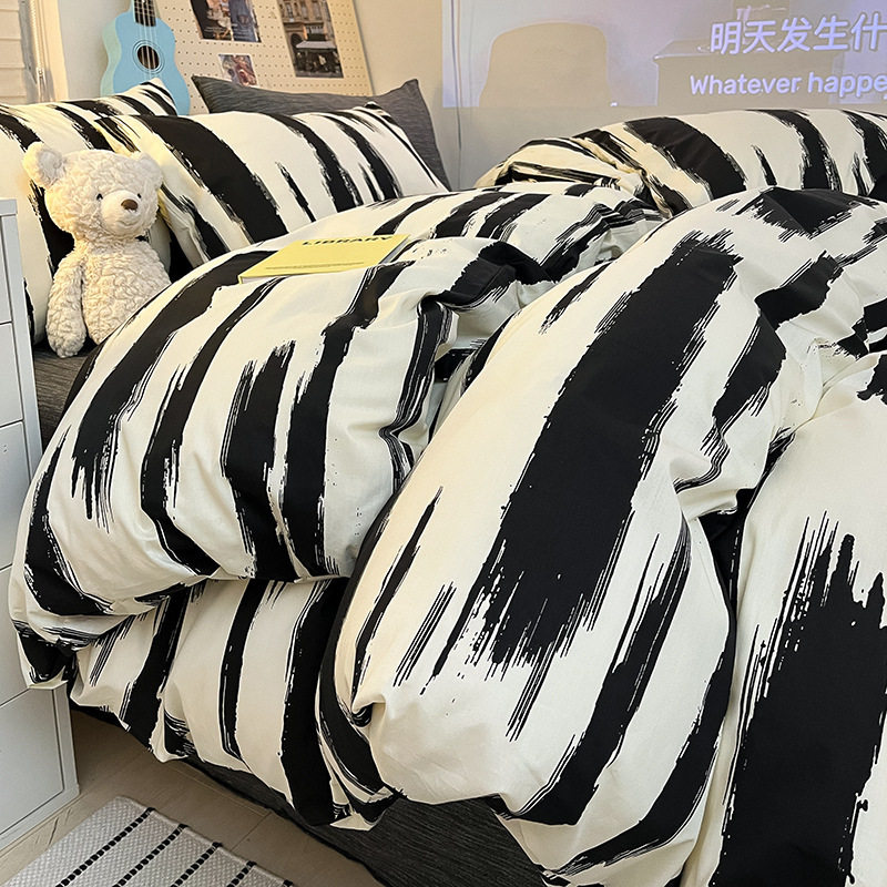 北欧纯棉男生四件套简约水波纹被套40支全棉床单被罩床上三件套