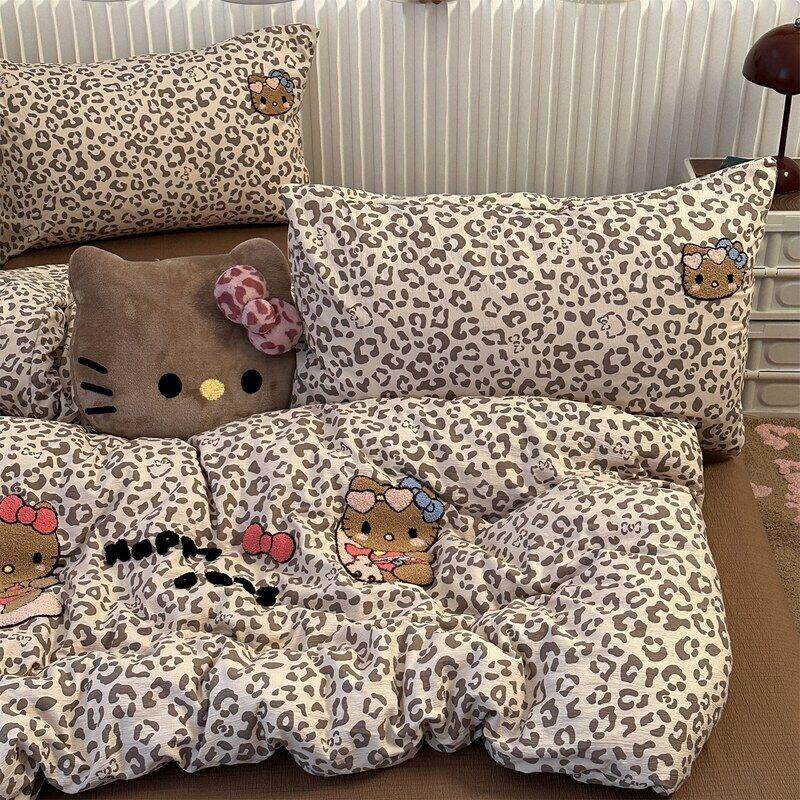 可爱风奶咖豹纹滑板猫咪毛巾绣水洗棉四件套床单学生三件套床笠2m