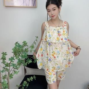 防凸点人造棉睡衣女甜美外穿家居服 夏季 薄款 吊带短裤 凉感棉绸套装