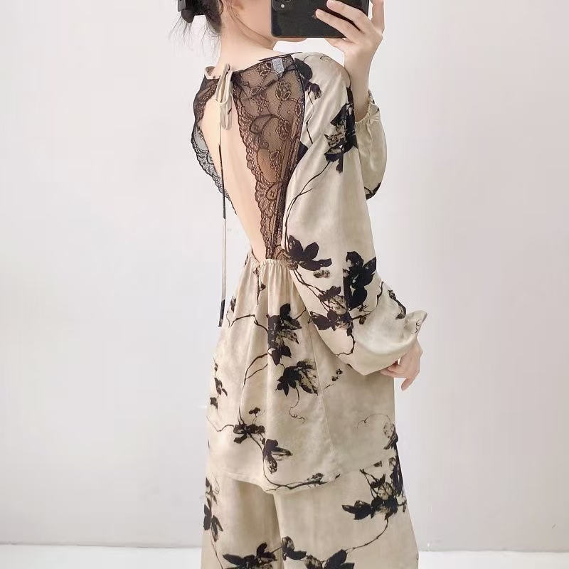 性感纯欲春夏季露背棉绸睡衣女宽松家居服性感蕾丝长袖长裤套装秋