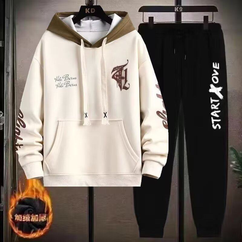 卫衣男加绒套装秋冬青少年韩版初中生帅气潮流连帽卫衣休闲两件套