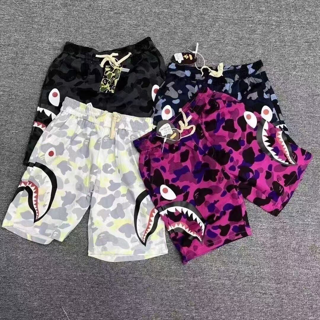 日系潮牌夏季爆款鲨鱼头短裤迷彩印花男女情侣宽松欧美运动五分裤