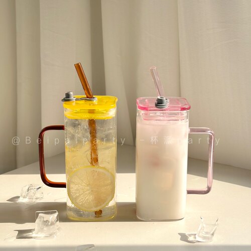 耐高温简约方形玻璃把杯