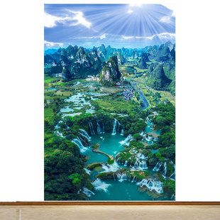 实景航拍竖版德天大瀑布背景墙装饰壁画青山绿水风水招财贴纸墙画