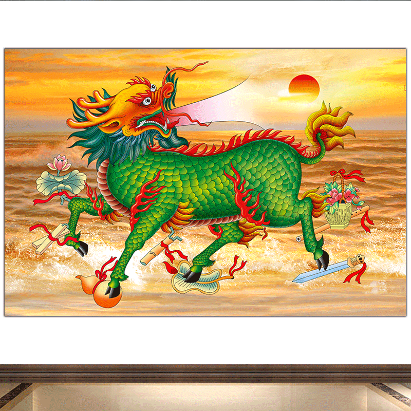 麒麟画挂画太阳的图案财源滚滚风水画中堂大厅装饰画火麒麟