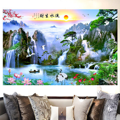 流水生财花开富贵仙鹤高山流水迎客松山水画风景画