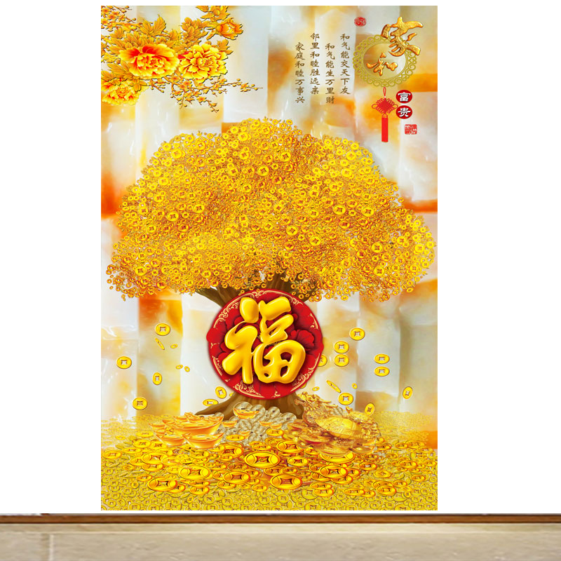 竖版黄金福禄吉祥山水画客厅走廊玄关风景壁画自粘贴纸墙画