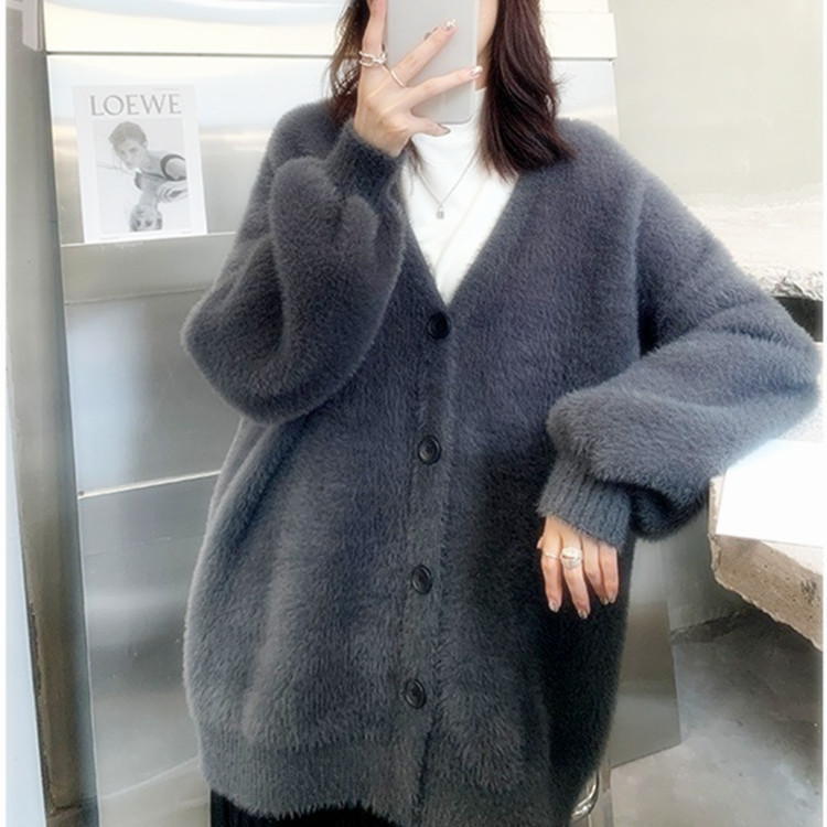 仿貂绒开衫外套女宽松韩版秋冬新款慵懒风外搭显瘦V领针织衫