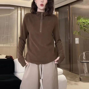 拉链领德绒立领卫衣女套手指带绒护手衫设计感韩版拇指套手洞衣服