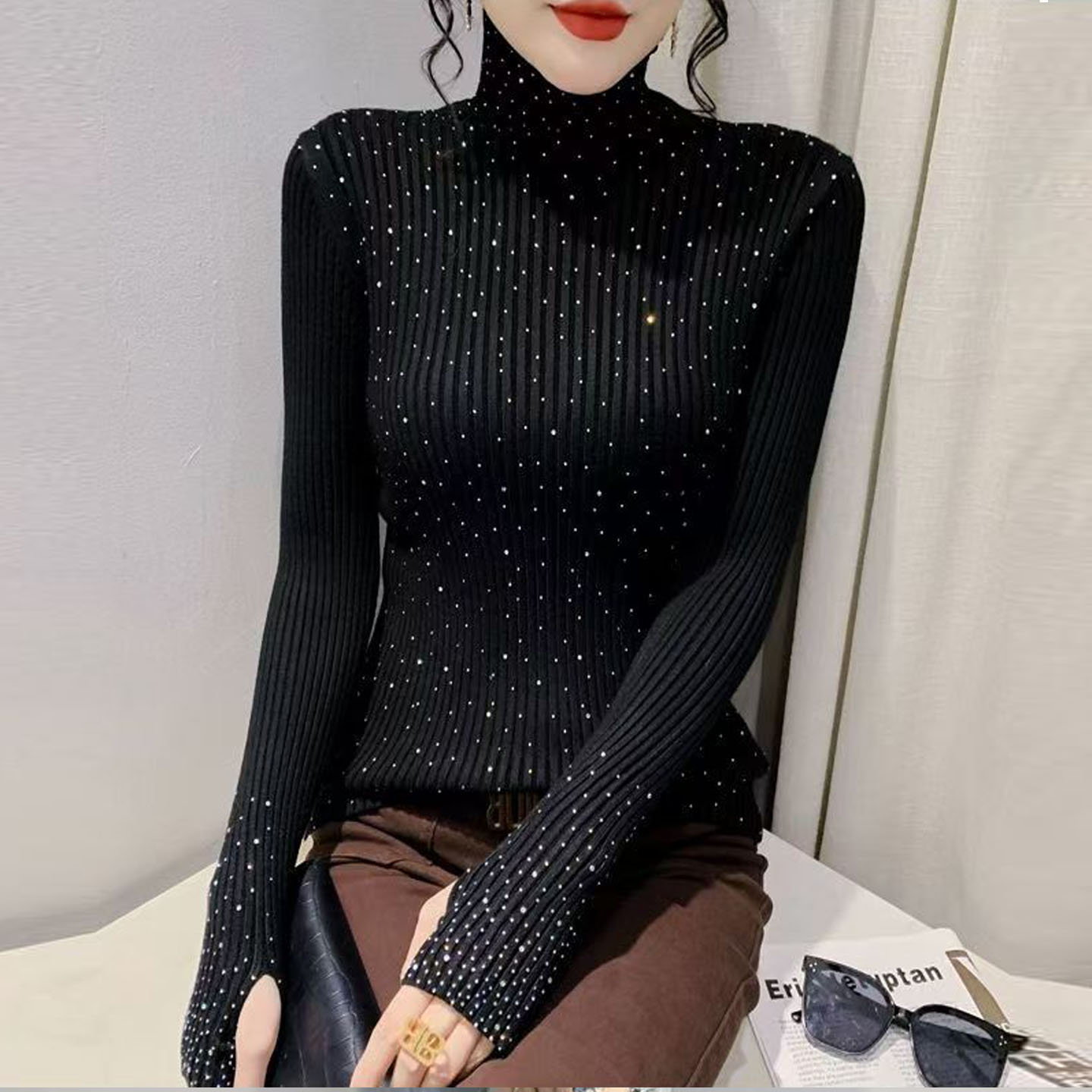 高领烫钻毛衣女秋冬内搭手套袖贴身针织衫女装套手护指紧身打底衫