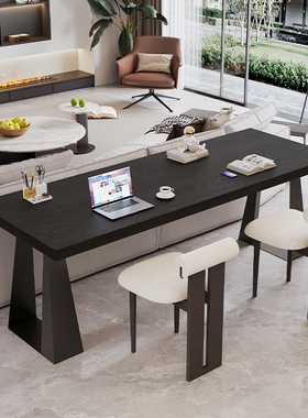 意式长条实木书桌家用客厅沙发后靠墙长条桌双人电脑桌黑色办公桌