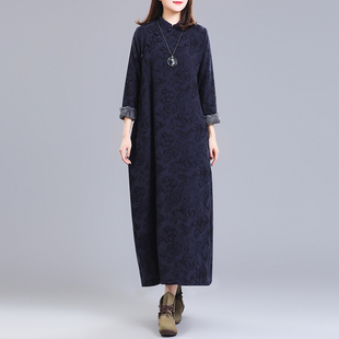 民族风连衣裙秋冬加绒加厚棉麻女装 中国风袍子复古宽松长裙长袍