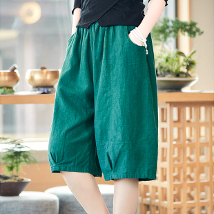 女夏2026新款 棉麻中裤 高腰直筒裤 宽松五分裤 子 复古阔腿裤 苎麻短裤