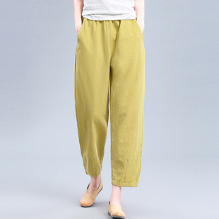 女秋2025新款 萝卜裤 宽松高腰直筒裤 中式 棉麻灯笼裤 苎麻复古九分裤
