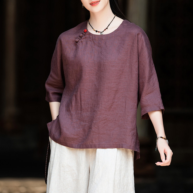 亚麻复古新中式短袖衬衫女夏季2026新款宽松禅意茶服衬衫上衣T恤
