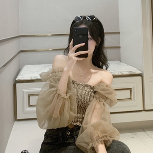 网纱灯笼袖 一字肩心机露锁骨衬衫 短款 女春秋新款 上衣2025 洋气小衫