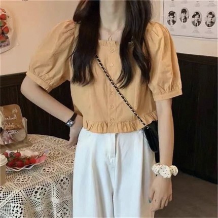 泡泡袖方领衬衫女2025夏季新款法式甜美短款设计感小众单排扣上衣