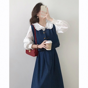 蓝色牛仔马甲连衣裙二件套女春秋茶系穿搭整套搭配韩剧小香风套装