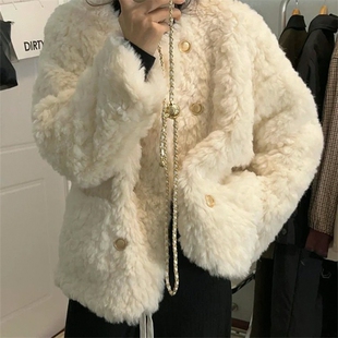 小香风刷花兔毛外套女2026冬季新款小个子潮宽松加棉毛毛上衣棉服