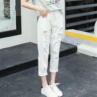 白色破洞牛仔裤女宽松韩版学生哈伦裤九分裤女裤春夏季2026新款潮