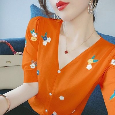 短袖冰丝绣花针织开衫女2025夏季新款宽松大码薄款打底衫韩版上衣