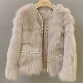 2026小香风短款 名媛上衣 珍珠皮草外套圆领修身 外套女秋冬新款 时尚