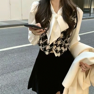 显瘦半身裙三件套女 2025甜美减龄开衫 马甲春秋时尚 套装 蝴蝶结衬衫