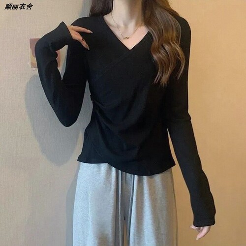 春秋胖MMT恤上衣女V领打底衫交叉内搭小众设计感别致长袖显瘦大码