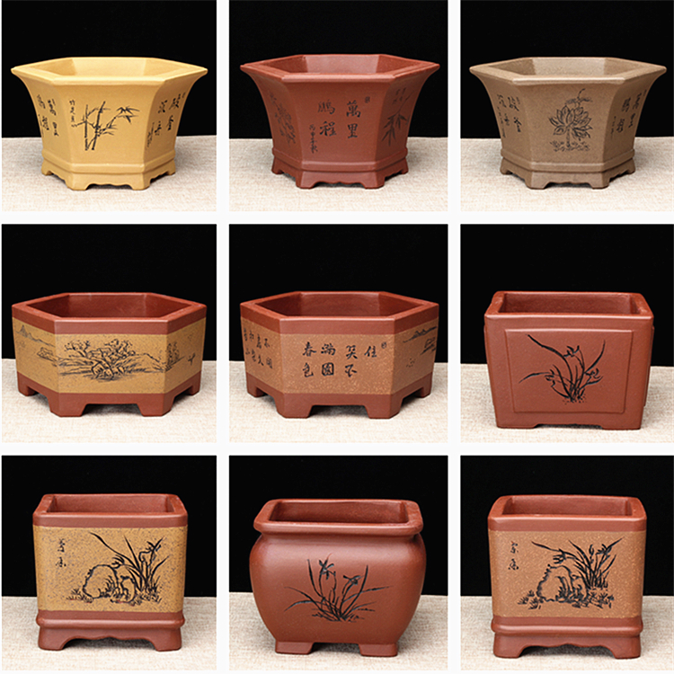 六方形粉浆花盆紫砂中国风透气好