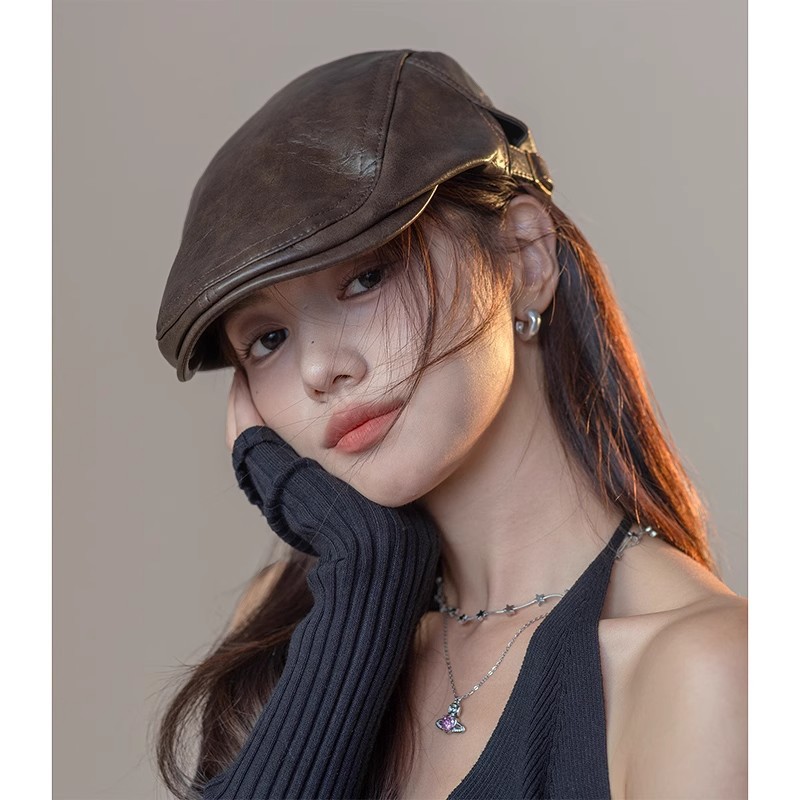 新品帽子女款2026新款时尚潮流皮质港风大头围前进帽复古贝雷帽
