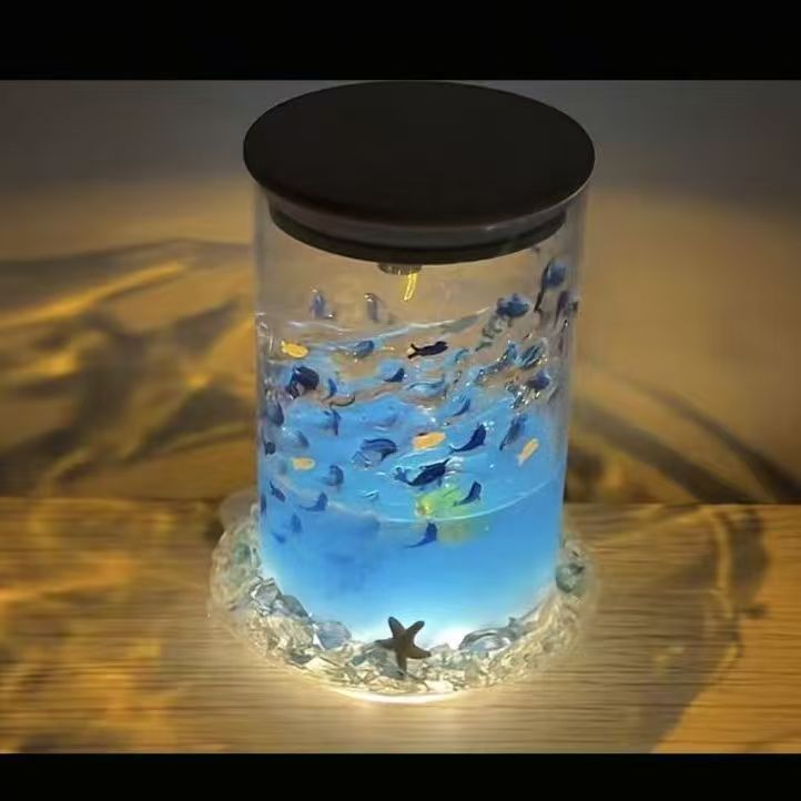 新品蓝色治愈系小鱼浮游杯发光小夜灯海底世界旋转夜灯diy手工