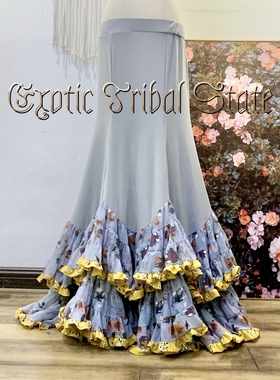 2022原创设计师新款花拼FCBD高弹多层次大摆裙弗拉门戈演出鱼尾裙