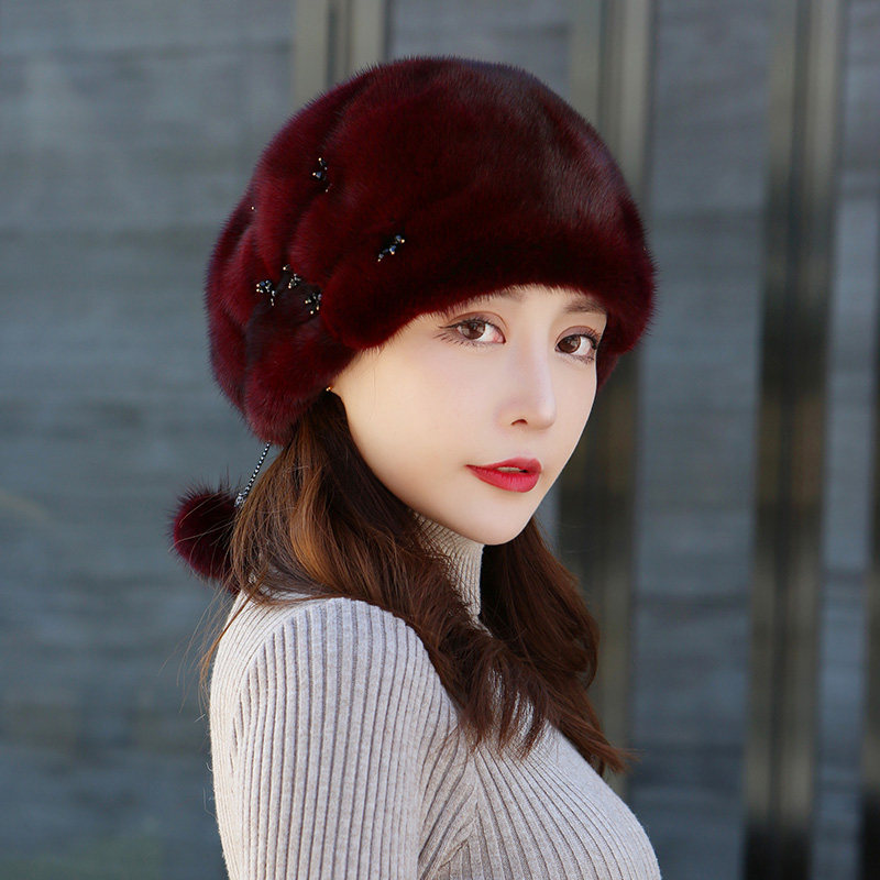 新款水貂皮草帽子贝雷帽女冬整张貂皮毛帽子妈妈软帽礼帽保暖护耳