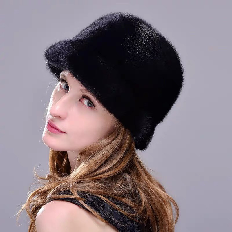 进口水貂毛帽子女冬保暖裘皮帽整貂皮草贝雷帽英伦复古礼帽渔盆帽