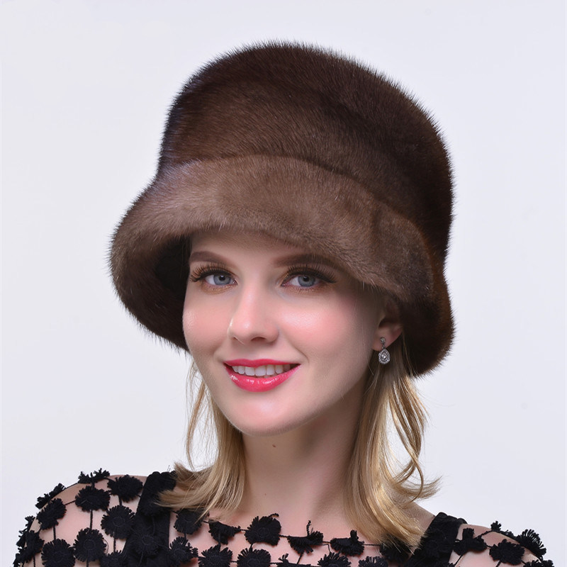 进口时尚水貂毛女渔夫帽子韩版皮草大檐礼帽百搭优雅保暖整貂盆帽